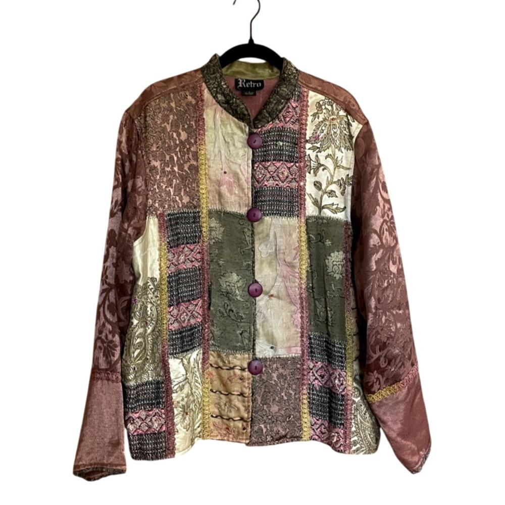 Retro Patchwork Jacket Large Art to Wear Boho Brocade Floral Mauve Brown Vintage - Picture 2 of 5